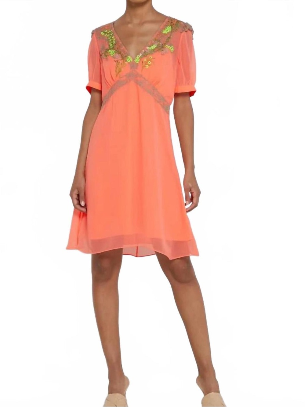 NWT French Connection Abiba Neon Coral Embroidered Mini Dress